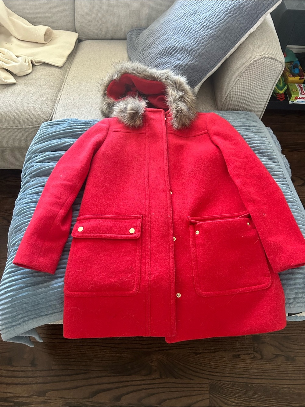J. Crew Girls' Red Hooded Pea Coat with Faux Fur Trim